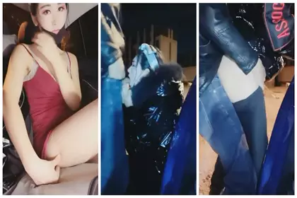 Fashion sexy model beauty anchor and fans outdoor construction site car sex A